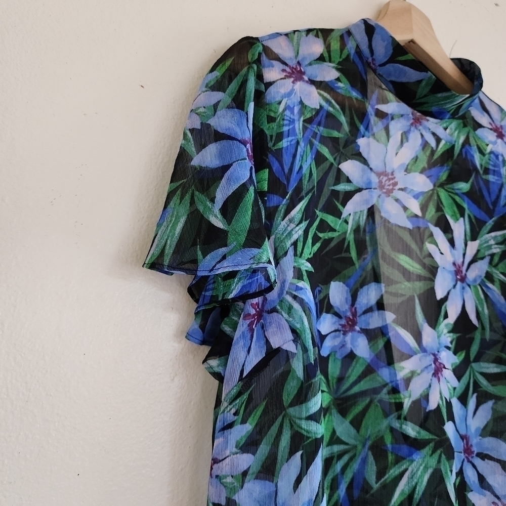 2/$20 Forever 21 Blue Green Floral Print Semi Sheer A Line Dress Size - Picture 9 of 16